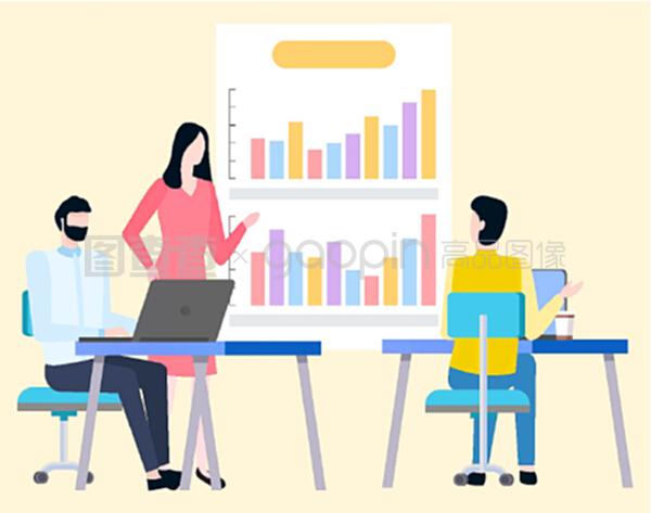 男女经纪人分析交易并讨论商业图表上的销售统计数据。矢量卡通人物和图表。