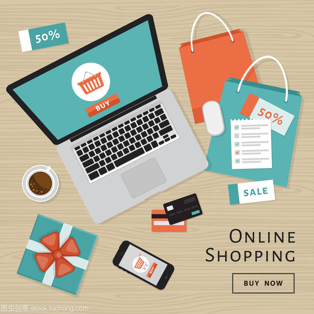 网上购物的概念。在线商店对象和横幅。表与笔记本电脑, 购物袋, 信用卡, 礼品和优惠券。平面样式, 矢量插图